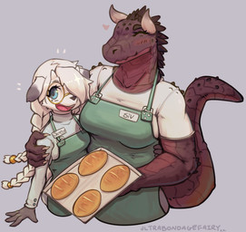 anthro apron black_nose blue_eyes blush braided_hair bread breasts clothing duo eyes_closed eyewear female food fur glasses green_apron green_clothing grey_background hair heart_symbol horn long_hair looking_up name_sign open_mouth pigtails red_body red_scales scales shirt simple_background size_difference smile spikes spikes_(anatomy) tail topwear white_body white_clothing white_fur white_hair white_shirt white_topwear yellow_eyewear yellow_glasses ultrabondagefairy mythology jenny_(ultrabondagefairy) siv_(ultrabondagefairy) bovid caprine dragon goat mammal mythological_creature mythological_scalie scalie 2022 absurd_res digital_media_(artwork) half-length_portrait hi_res portrait