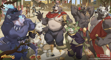 abs anthro group horn male musclegut muscular muscular_anthro muscular_male nipples pecs tail text mamaduo adastra adastra_(series) astatos echo_project mythology studio_klondike alexios_(adastra) amicus_(adastra) cassius_(adastra) cato_(adastra) monitor_(adastra) neferu_(adastra) anubian_jackal canid canine canis domestic_cat dragon felid feline felis jackal mammal mythological_creature mythological_scalie scalie wolf absurd_res artist_collaboration english_text hi_res