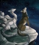 brown_body brown_fur cliff duo female feral fur fur_markings grass looking_up male markings plant sky snow star iluq mythology lilana_rose nereid_albel canid canine canis dra'essa dragon furred_dragon furred_scalie mammal mythological_creature mythological_scalie scalie wolf 2014