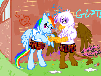 anthro anthrofied beak blue_body blue_feathers blue_fur bottomwear brown_body brown_feathers clothing detailed_background duo feathered_wings feathers female fire fur graffiti hair hooves lighter multicolored_hair multicolored_tail outside rainbow_hair rainbow_tail red_eyes school skirt smoking tail text toony trash wings tristikov friendship_is_magic hasbro my_little_pony mythology gilda_(mlp) rainbow_dash_(mlp) avian equid equine gryphon mammal mythological_avian mythological_creature mythological_equine pegasus english_text