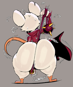 anthro big_butt bodily_fluids butt butt_floss clothing coat female fur grey_background huge_butt onomatopoeia rear_view scratching simple_background solo sound_effects sweat text thick_thighs topwear weapon whip white_body white_fur wide_hips kkoart mina_the_hollower yacht_club_games mina_(mina_the_hollower) mammal murid murine rat rodent aliasing digital_media_(artwork) english_text