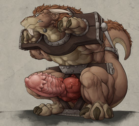 bdsm big_penis bondage bound brown_body brown_scales claws cock_and_ball_torture cock_stocks feral genital_torture genitals horn knot knotted_penis male mane penis restraints ridged_penis scales sharp_teeth snout solo stocks tail tail_tied teeth tochka mythology dragon mythological_creature mythological_scalie scalie absurd_res hi_res