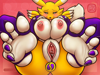 5_fingers 5_toes anal anal_masturbation anal_penetration anthro areola armwear bedroom_eyes big_breasts black_sclera blue_eyes blush bodily_fluids breasts butt buttplug buttplug_in_ass buttplug_insertion clitoris clothing colored_nails colored_toenails curling_toes feet female fingers foot_focus fur genital_fluids genitals half-closed_eyes humanoid_feet legwear looking_at_viewer lying masturbation nails narrowed_eyes nipples nude object_in_ass on_back penetration pink_areola pink_nipples pink_vulva plantigrade plug_(sex_toy) plug_insertion seductive sex_toy sex_toy_in_ass sex_toy_insertion smile soles solo stirrup_legwear stirrup_stockings stockings toenails toes tongue tongue_out toying_self vaginal_fluid_string vaginal_fluids vulva white_body white_fur yellow_body yellow_fur wu_capy bandai_namco digimon canid canine digimon_(species) mammal renamon 4:3 digital_media_(artwork) hi_res