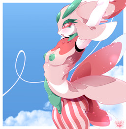 anthro areola big_butt black_eyes blush blush_lines border breasts butt cloud eyelashes female female_anthro green_areola green_nipples inverted_nipples nipples open_mouth pink_body pupils red_sclera sky slit_pupils small_breasts solo thick_thighs white_border wide_hips weepinbelly nintendo pokemon generation_7_pokemon lurantis pokemon_(species)
