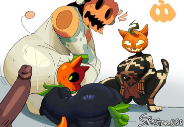 anthro big_butt black_body butt female feral food fruit fur genitals group huge_butt looking_at_genitalia looking_at_penis looking_back male penis plant pumpkin simple_background tail trio white_body starstar000 deltarune epic_games fortnite undertale_(series) jackenstein pumkat spice_(fortnite) elemental_creature felid feline felis flora_fauna food_creature humanoid mammal monster absurd_res digital_media_(artwork) hi_res