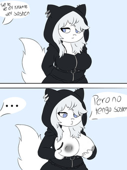 anthro black_nipples bra_strap clothed clothing dialogue female nipples partially_clothed solo text your_bra_strap_(meme) kaicitoelmapache katalyn_(kaicitoelmapache) domestic_cat felid feline felis mammal 3:4 comic hi_res spanish_text translation_request