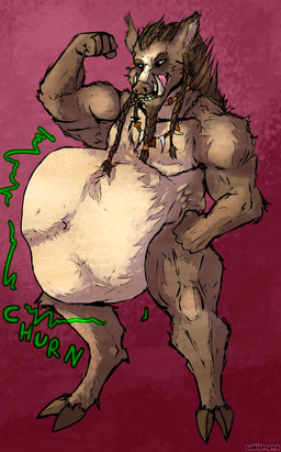 abdominal_bulge anthro beard belly big_belly braided_beard braided_hair brown_body brown_fur brown_hair churn cloven_hooves facial_hair flexing flexing_bicep fur hair hooves huge_belly jewelry male muscular navel necklace rumbling_stomach soft_vore standing teeth text tongue tongue_out tribal tribal_jewelry tribal_necklace tusks vore white_body white_fur waismuth berthold_(waismuth) mammal suid suine sus_(pig) wild_boar 2026 absurd_res artist_name hi_res