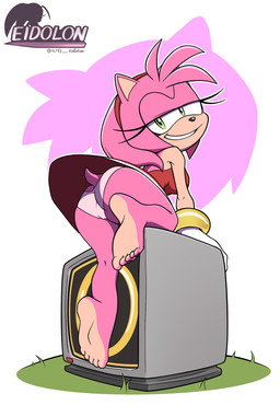 accessory anthro bracelet butt clothing dress electronics eyelashes feet female gloves green_eyes grin hair_accessory hairband handwear jewelry monitor panties pawpads pink_body pose smile soles solo tail underwear arts_eidolon sega sonic_the_hedgehog_(series) amy_rose eulipotyphlan hedgehog mammal absurd_res hi_res pinup