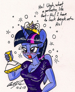 anthro anthrofied biped blush bottle breasts bubble cleavage clothed clothing container crown dialogue drunk drunk_bubble erlenmeyer_flask feathered_wings feathers female fur gold_(metal) hair headgear horn laboratory_equipment laboratory_glassware multicolored_hair purple_body purple_eyes purple_feathers purple_fur purple_hair scientific_instrument simple_background solo standing substance_intoxication text two_tone_hair white_background wings newyorkx3 friendship_is_magic hasbro my_little_pony mythology twilight_sparkle_(mlp) equid equine mammal mythological_creature mythological_equine winged_unicorn 2013 english_text