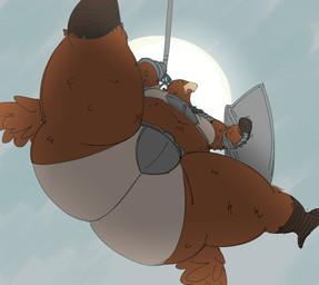 anthro armor beak big_butt brown_body brown_feathers butt butt_focus fat_legs feathers holding_object holding_shield huge_butt low-angle_view male moobs overweight overweight_anthro overweight_male shield solo sun wings yellow_sclera calebcorduroy elden_ring elden_ring_nightreign fromsoftware guardian_(nightreign) accipitrid accipitriform avian bird