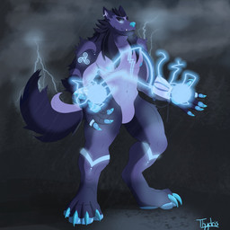 4_toes 5_fingers abs anthro armlet biceps blue_body blue_eyes blue_fur blue_hair blue_nose blue_pawpads chain cloud detailed_background ear_piercing electricity electricity_ball electricity_manipulation elemental_manipulation energy_ball evergreen_tree eyebrows featureless_crotch feet fingers fur glowing glowing_body glowing_eyes glowing_fur hair leg_markings lightning looking_forward magic magic_user male markings multicolored_body multicolored_fur muscular muscular_anthro muscular_male navel nipples outside pawpads pecs piercing pine_tree plant raining socks_(marking) solo standing storm teeth toes tree sorcerer_salem canid canine canis mammal wolf 1:1 2018 hi_res signature