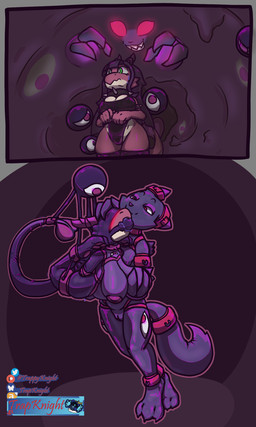 bdsm bondage bound breasts clothed clothing collar female gag harness horn latex leotard mask nipples paws petting possession suit tail trapknight bandai_namco digimon kuromaru nora_(stove2) animate_inanimate digimon_(species) goo_creature kobold living_clothing living_latex renamon scalie 3:5 absurd_res comic hi_res