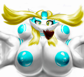 anthro areola big_breasts blonde_eyebrows blonde_hair blue_eyes blush blush_lines breasts chocolate_heart eyebrows female food gesture hair holding_food holding_object horn huge_breasts looking_at_viewer markings nipples shrug solo white_body yellow_eyes gittigiti mythology aijou dragon jou mythological_creature mythological_scalie scalie 2018 digital_drawing_(artwork) digital_media_(artwork) unavailable_at_source