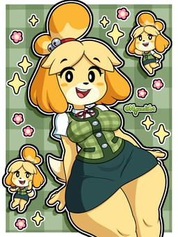 accessory anthro blonde_hair blush blush_stickers bottomwear breasts clothing dipstick_tail eyebrow_through_hair eyebrows eyelashes female fur hair hair_accessory long_eyelashes markings open_mouth open_smile shirt skirt smile solo sparkles tail tail_markings thick_thighs topwear translucent translucent_hair wide_hips yellow_body yellow_fur nyazuliart animal_crossing nintendo isabelle_(animal_crossing) canid canine canis domestic_dog mammal shih_tzu toy_dog 2026 3:4 absurd_res digital_media_(artwork) hi_res