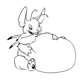 anthro belly big_belly male multi_arm multi_limb overweight simple_background sitting solo white_background saphiros disney lilo_and_stitch stitch_(lilo_and_stitch) alien 2015 hi_res monochrome