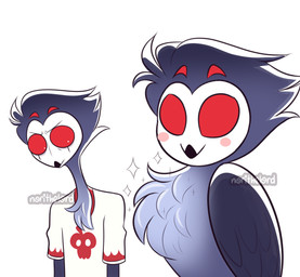 4_eyes angry anthro black_body black_feathers blush blush_stickers chest_focus clothed clothing constricted_pupils duo empty_eyes feather_hair feathers feral fluffy fluffy_chest frown grey_body grey_feathers jealous looking_at_chest male multi_eye pseudo_hair pupils red_eyes shirt simple_background small_pupils smile sparkles square_crossover t-shirt text topwear white_background white_clothing white_face white_shirt white_t-shirt white_topwear norithelord hellaverse helluva_boss stolas_(helluva_boss) avian avian_demon bird demon owl owl_demon 2021 absurd_res artist_name hi_res meme watermark