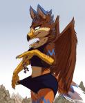 anthro anthro_on_anthro barefoot beak big_dom_small_sub bottomwear brown_body brown_fur character_in_hand clothed clothing clothing_insertion dominant duo entrapment extreme_size_difference feathered_wings feathers feet female fur holding_character inside_clothing inside_underwear larger_anthro larger_female macro macro_anthro macro_female male male/female micro_abuse midriff outside plant size_difference size_play smaller_anthro smaller_male tree wings tirrel mythology tirrel_(tirrel) velux avian deer gryphon mammal mythological_avian mythological_creature digital_media_(artwork) hi_res