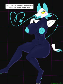 anthro areola big_breasts blue_nipples blush breasts claws curvy_figure dark_body dialogue female flirting flirting_with_viewer greeting heart_symbol light navel nipples open_mouth pawpads sitting solo talking_to_viewer text thick_thighs toe_claws voluptuous wide_hips unregistereduser deltarune undertale_(series) tasque_manager darkner 3:4 absurd_res artist_name english_text hi_res lighting signature