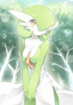 blush breasts cleavage clothed clothing detailed_background female forest green_hair hair hair_over_eye not_furry one_eye_obstructed outside plant pose smile solo tree fuchsia_(artist) nintendo pokemon gardevoir generation_3_pokemon mammal pokemon_(species) restricted_palette