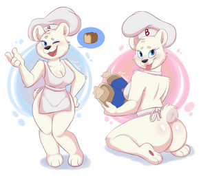 4_fingers abstract_background anthro apron apron_only big_breasts big_butt blue_eyes blue_eyeshadow bread breasts bubble_butt butt chef_hat cleavage clothed clothing curvy_figure eyelashes eyeshadow female fingers fluffy fluffy_tail food fur glistening glistening_body glistening_breasts glistening_butt glistening_fur hat headgear headwear looking_at_viewer looking_back looking_back_at_viewer makeup one_eye_closed open_mouth open_smile short_tail smile solo tail text thick_thighs tongue tongue_out voluptuous voluptuous_anthro voluptuous_female white_apron white_body white_clothing white_fur wide_hipped_anthro wide_hipped_female wide_hips wink winking_at_viewer mandyfoxy bimbo_(bakery) bimbo_bear bear mammal 2025 artist_name digital_drawing_(artwork) digital_media_(artwork) hi_res signature