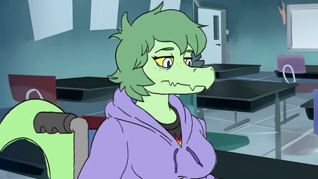 annoyed anthro bald bangs biped black_clothing black_shirt black_topwear blue_clothing blue_jacket blue_topwear breasts chair classroom claws clothed clothed_anthro clothed_female clothed_human clothed_male clothing desk disability duo eye_bags eyebrows eyelashes eyes_mostly_closed eyewear female finger_claws finger_painting fingers flattered freckled_face freckles frown furniture green_body green_hair grey_eyes hair half-closed_eyes hoodie humanoid_hands inside jacket long_eyelashes looking_aside male medium_breasts medium_hair music narrowed_eyes neutral_expression non-mammal_breasts paper paraplegic purple_clothing purple_hoodie purple_topwear raised_eyebrows school shirt sitting smile sunglasses table tail topwear vehicle wheelchair yellow_sclera rightestonianman cavemanon_studios i_wani_hug_that_gator inco_(iwhtg) olivia_halford baryonyx dinosaur human mammal prehistoric_species reptile saurischian scalie spinosaurid theropod 16:9 2025 2d_animation animated colored digital_media_(artwork) english_audio high_framerate long_playtime shaded sound video voice_acted widescreen