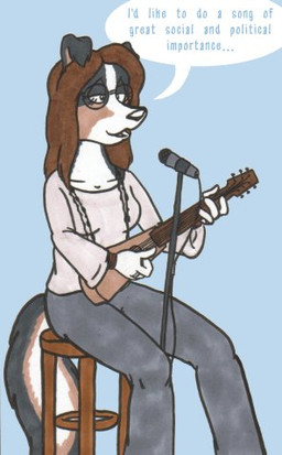 acoustic_guitar electronics female furniture guitar microphone musical_instrument plucked_string_instrument stool string_instrument text tabbiewolf canid canine canis collie domestic_dog herding_dog mammal pastoral_dog sheepdog english_text low_res