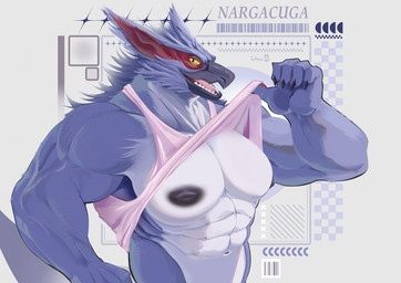 abs anthro biceps big_muscles big_pecs clothed clothing clothing_lift looking_at_viewer male muscular muscular_anthro muscular_male nipples pecs shirt solo tank_top topwear yellow_sclera tukeso1 capcom monster_hunter flying_wyvern nargacuga 2026 digital_drawing_(artwork) digital_media_(artwork) hi_res