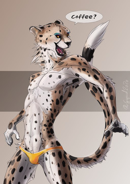 2020 anthro beverage biped black_spots cheetah claws clothing coffee dergepard dergepard_(artist) digital_drawing_(artwork) digital_media_(artwork) digital_painting_(artwork) eyeshadow felid feline fluffy fluffy_tail fur hi_res makeup male mammal panties simple_background solo speedo spots spotted_body spotted_fur swimwear teeth tongue underwear