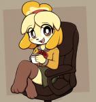 anthro beverage biped blonde_hair chair clothed clothing coffee female fully_clothed furniture hair holding_object legwear looking_at_viewer office_chair open_mouth open_smile sitting smile solo moozua animal_crossing nintendo isabelle_(animal_crossing) canid canine canis domestic_dog mammal shih_tzu toy_dog 2019 absurd_res hi_res