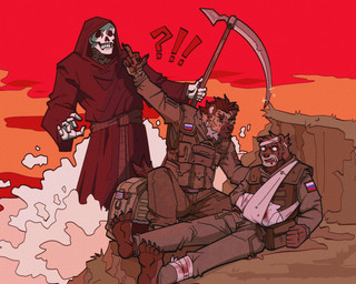 5_fingers 5_toes anthro armor bandage bandaged_arm bandaged_leg barefoot body_armor bone bulletproof_vest claws cliff clothed clothed_anthro clothed_male clothing cloud feet finger_claws fingers frown fully_clothed fully_clothed_anthro fully_clothed_male gesture grass group hand_gesture interrobang male medic melee_weapon middle_finger outside patch_(fabric) plant polearm politics reclining red_cross red_sky rude_gesture russia russian russian_federation russian_flag scythe skeleton sky standing text toe_claws toes trio unsigned warrior weapon wounded gala_bobs russo-ukrainian_war death_(personification) grim_reaper animated_skeleton bear hyena mammal spotted_hyena undead 2023 digital_media_(artwork) hi_res paint_tool_sai_(artwork) russian_description russian_text translated translated_description