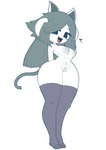 anthro black_clothing black_legwear black_stockings clothed clothing female gesture grey_hair hair heart_symbol legwear looking_at_viewer low-angle_view mostly_nude short_stack simple_background simple_eyes solo stockings thick_thighs thigh_highs white_body wide_hips hss_dada undertale undertale_(series) temmie_(undertale) canid canine felid feline mammal tem