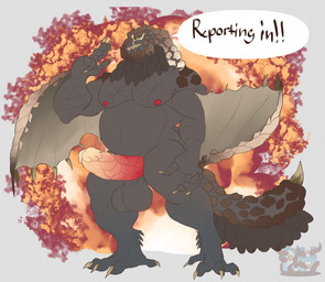 anthro areola balls barazoku big_balls big_penis black_sclera claws dialogue erection exclamation_point explosion genitals gesture golden_claws grey_body looking_at_viewer male multicolored_penis nipples nude nude_anthro nude_male overweight overweight_anthro overweight_male pecs penis plated_penis pupils red_areola red_nipples salute simple_background slit_pupils solo speech_bubble spiked_tail spikes spikes_(anatomy) standing tail text toe_claws triceps winged_arms wings yellow_eyes daikuhiroshiama capcom monster_hunter bazelgeuse flying_wyvern 2025 english_text hi_res