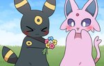 ambiguous_gender black_ears black_tail blue_sky blush duo eyes_closed flower forehead_gem forked_tail gem grass holding_flower holding_object multicolored_ears nude open_mouth outside plant red_gem sky tail two_tone_ears two_tone_tail unusual_anatomy unusual_tail sum nintendo pokemon eeveelution espeon generation_2_pokemon pokemon_(species) umbreon 14:9 hi_res