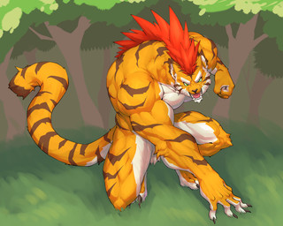 5_fingers anthro arm_tuft back_muscles biceps big_muscles biped black_claws brown_stripes claws countershade_arms countershade_face countershade_feet countershade_hands countershade_legs countershade_tail countershade_torso countershading deltoids elbow_tuft eyebrows facial_markings feet finger_claws fingers forest_background front_view fur furrowed_eyebrows grass green_eyes hair head_markings huge_muscles looking_at_viewer male markings multicolored_body multicolored_fur muscular muscular_anthro muscular_male nude nude_anthro nude_male open_mouth orange_body orange_fur pecs plant pose pupils red_hair red_tongue slit_pupils snout solo striped_arms striped_back striped_body striped_face striped_legs striped_markings striped_tail stripes tail tail_markings teeth thick_eyebrows toe_claws tongue tongue_showing tuft two_tone_body two_tone_fur whiskers white_body white_countershading white_eyebrows white_sclera captainjohkid felid mammal pantherine tiger 2024 digital_drawing_(artwork) digital_media_(artwork) full-length_portrait hi_res portrait