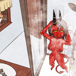 2_horns big_breasts black_eyes black_horn breasts buckteeth camera curtains digitigrade dipstick_tail female female_focus floor freckled_face freckles genitals grey_hair grin group hair horn humanoid_focus markings nipples not_furry red_body red_nipples red_skin shower sink smile solo_focus spade_tail spots spotted_body spotted_skin tail tail_markings teeth tile tile_floor trio video_camera voyeur vulva wet white_body white_horn white_skin white_spots wide_hips yellow_sclera kojot hellaverse helluva_boss blitzo_(helluva_boss) millie_(helluva_boss) moxxie_(helluva_boss) demon humanoid imp 1:1 2025 hi_res