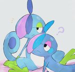 2_toes ambiguous_gender anthro black_eyes blue_body blue_hair confusion duo feet hair half-closed_eyes narrowed_eyes purple_hair question_mark sitting toes nanakusa_leo nintendo pokemon amphibian drizzile generation_8_pokemon pokemon_(species) shiny_pokemon
