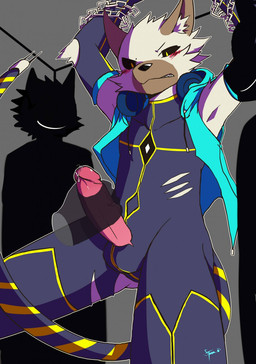 anthro black_sclera blush bodily_fluids bound brown_body brown_fur chain chained clothing disembodied_hand electronics erection full_body_suit fur genital_fluids genitals grey_background group handjob headphones humanoid_genitalia humanoid_penis male penile penis precum sex silhouette simple_background solo_focus torn_clothing yellow_eyes storm_devil canid canine canis mammal wolf hi_res