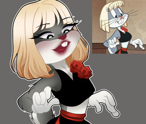 anthro blonde_hair breasts clothed clothing crossdressing female floating_eyebrows hair intersex intersex/male lipstick makeup male small_breasts solo momokku looney_tunes warner_brothers bugs_bunny lagomorph leporid mammal rabbit hi_res
