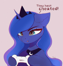 1_horn black_tiara blue_eyes blue_hair controller crown dialogue eyelashes female female_feral feral game_controller hair headgear holding_controller holding_object horn monotone_background open_mouth parody pink_background purple_body purple_horn serious simple_background solo spiral_horn text tiara nnalyart friendship_is_magic hasbro my_little_pony mythology sony_corporation princess_luna_(mlp) equid equine mammal mythological_creature mythological_equine unicorn 2025 cel_shading digital_drawing_(artwork) digital_media_(artwork) english_text hi_res shaded signature