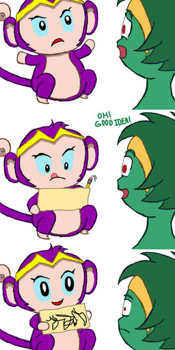 accessory blue_sclera duo female headband humor pencil_(object) red_eyes text unknown_artist shantae_(series) wayforward rottytops shantae_(monkey_form) haplorhine mammal monkey primate undead zombie english_text hi_res