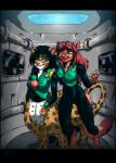 anthro black_bars black_hair bottomless breasts clothed clothing duo female fur hair pink_nose red_body red_fur red_hair white_body white_fur neofur chakona_space star_trek forestwalker m'lai_saraath alien caitian chakat domestic_cat felid felid_taur feline felis mammal mammal_taur taur hi_res letterbox herm_(lore)