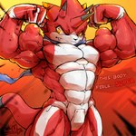 abs anthro biceps big_muscles codpiece horn huge_muscles hyper hyper_muscles male muscular muscular_anthro muscular_male pecs solo text yellow_eyes waddledox bandai_namco digimon digimon_ghost_game betelgammamon digimon_(species) scalie 1:1 absurd_res alternate_version_at_source english_text hi_res