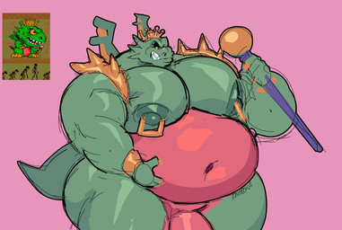 anthro belly big_belly big_butt big_muscles big_nipples big_pecs bracelet butt crown genitals hand_on_belly headgear holding_object jewelry male muscular muscular_arms muscular_male navel nipple_piercing nipple_ring nipples overweight overweight_male partially_visible_genitals pecs penis piercing pink_background ring_piercing scepter simple_background solo spikes enbooka bonk_(series) hudson_soft konami mythology king_drool_iii dragon mythological_creature mythological_scalie scalie hi_res