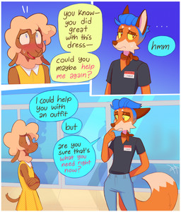 3_panel_comic 5_fingers anthro ascot black_clothing black_shirt black_text black_topwear blue_background blue_bottomwear blue_clothing blue_eyes blue_hair blue_pants blue_speech_bubble blush blush_lines bodily_fluids border bottomwear brown_body brown_ears brown_eyes brown_fur brown_nose cheek_tuft clothed clothed_anthro clothed_male clothing clothing_store crossdressing crossdressing_male crossed_arms denim denim_bottomwear denim_clothing detailed_background dialogue dipstick_tail dress duo ellipsis facial_tuft femboy fingers fluffy fluffy_tail fur gradient_background hair hand_behind_back inside jeans looking_at_another looking_away male markings mouth_closed name_tag nervous nervous_smile nervous_sweat open_mouth orange_body orange_fur pants pink_text polka_dot_dress polka_dots red_ascot shirt side_view simple_background speech_bubble standing store sweat tail tail_markings tan_body tan_fur tan_hair text topwear tuft v-neck white_border window yellow_clothing yellow_dress yellow_sclera yellow_speech_bubble heresvix connor_(heresvix) dani_(heresvix) bovid canid canine caprine fox mammal sheep 2025 comic english_text hi_res