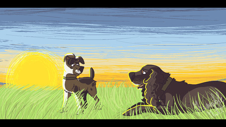 ambiguous_gender bandage bandaged_head black_body black_fur black_nose brown_eyes collar detailed_background digitigrade duo eye_contact feral floppy_ears folded_ears fur grass green_collar looking_at_another lop_ears lying on_front outside plant sky snout standing sun sunset tail white_body white_fur les-papillons the_plague_dogs rowf_(the_plague_dogs) snitter_(the_plague_dogs) fox_terrier 16:9 2015 aliasing cel_shading digital_drawing_(artwork) digital_media_(artwork) hi_res letterbox shaded widescreen