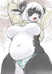 anthro belly belly_focus big_breasts biped breasts clothed clothing curvy_figure female hair horn kemono looking_at_viewer navel nipples open_mouth overweight overweight_anthro overweight_female panties pose presenting raised_arm ribbed_clothing ribbed_sweater slightly_chubby solo standing sweater tongue topless topwear underwear voluptuous white_hair yellow_eyes kikurage bovid caprine mammal mouflon sheep wild_sheep