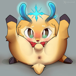 antlers anus brown_eyes feral green_eyes hooves horn looking_at_viewer lying male on_back presenting presenting_anus presenting_balls smile solo godforgiveme4 league_of_legends riot_games tencent reindeer_smolder_(lol) smolder_(lol) 1:1 hi_res