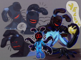6_arms anthro blue_body blue_fur chest_scar chibi fur leg_scar long_ears male multi_arm multi_limb multicolored_body nude scar solo text whiskers borsch_yeek regretevator roblox the_axolotl_sun dolorem_(regretevator) lagomorph leporid mammal rabbit hi_res