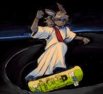 anthro biped black_background black_body black_eyes black_fur black_hair clothing curly_hair ear_piercing facial_piercing fur hair long_hair male multiple_piercings nose_piercing paws piercing red_sash religion robe simple_background skateboard skateboarding solo vehicle whiskers white_clothing white_robe deathbyhype jesus_christ lagomorph leporid mammal rabbit hi_res