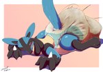 anthro blush clawing_at_ground clawing_floor claws clenched_teeth diaper feces finger_claws lying male messy on_front pooping print_diaper raised_tail soiled_diaper soiling soiling_diaper solo tail teeth unclean_diaper used_diaper steelshark nintendo pokemon generation_4_pokemon lucario pokemon_(species) absurd_res hi_res